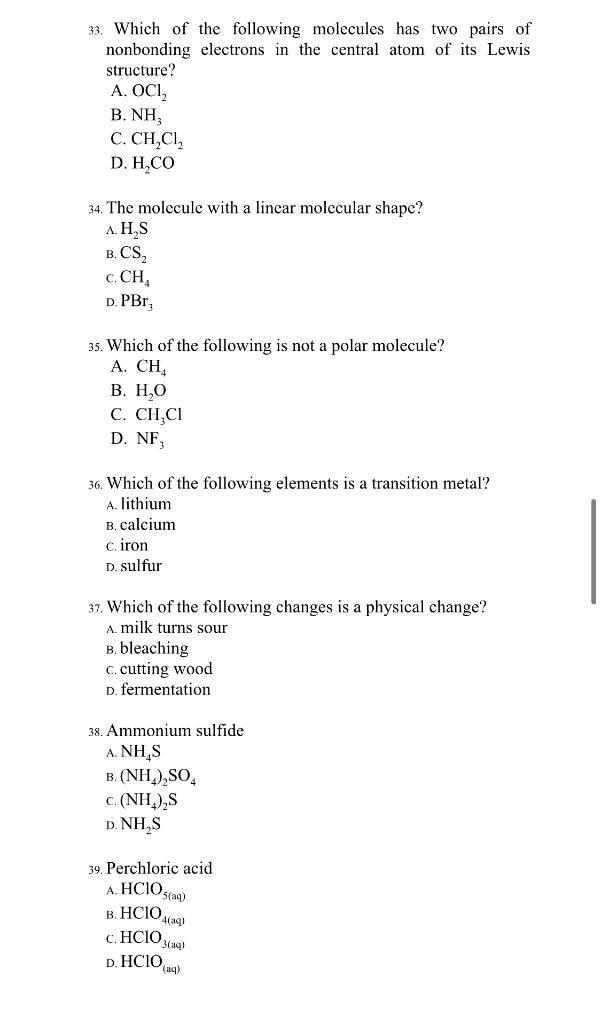 Solved 33. Which of the following molecules has two pairs of | Chegg.com