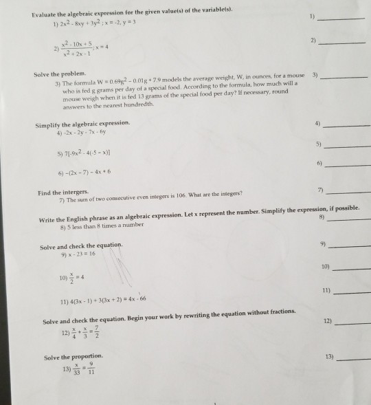 Solved Evaluate the algebraic expression for the given | Chegg.com