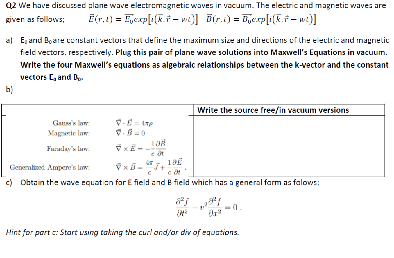 Solved Q2 We Have Discussed Plane Wave Electromagnetic Waves | Chegg.com