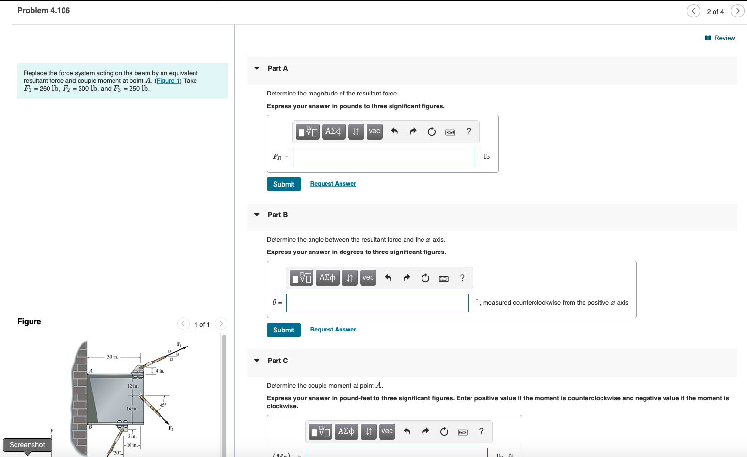 Solved Problem 4.106 Replace The Force System Acting On The | Chegg.com