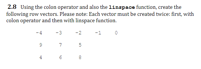 Solved 2.8 Using the colon operator and also the linspace Chegg