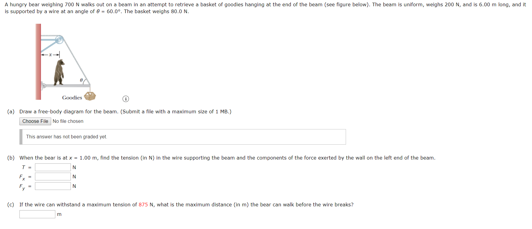 Solved A hungry bear weighing 700 N walks out on a beam in | Chegg.com