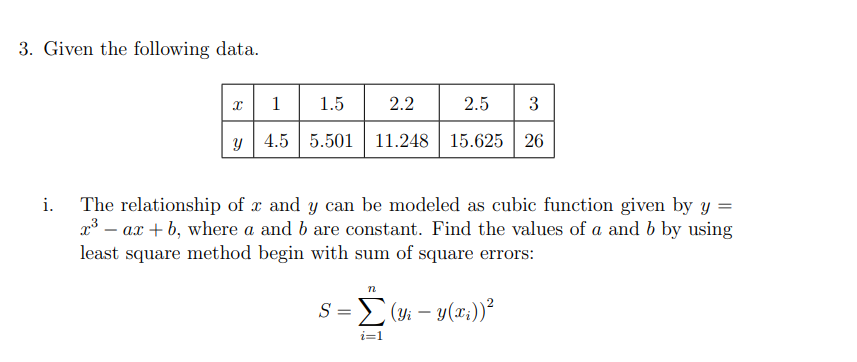 Solved 3. Given the following data. 1 1.5 2.2 2.5 3 Y 4.5 | Chegg.com