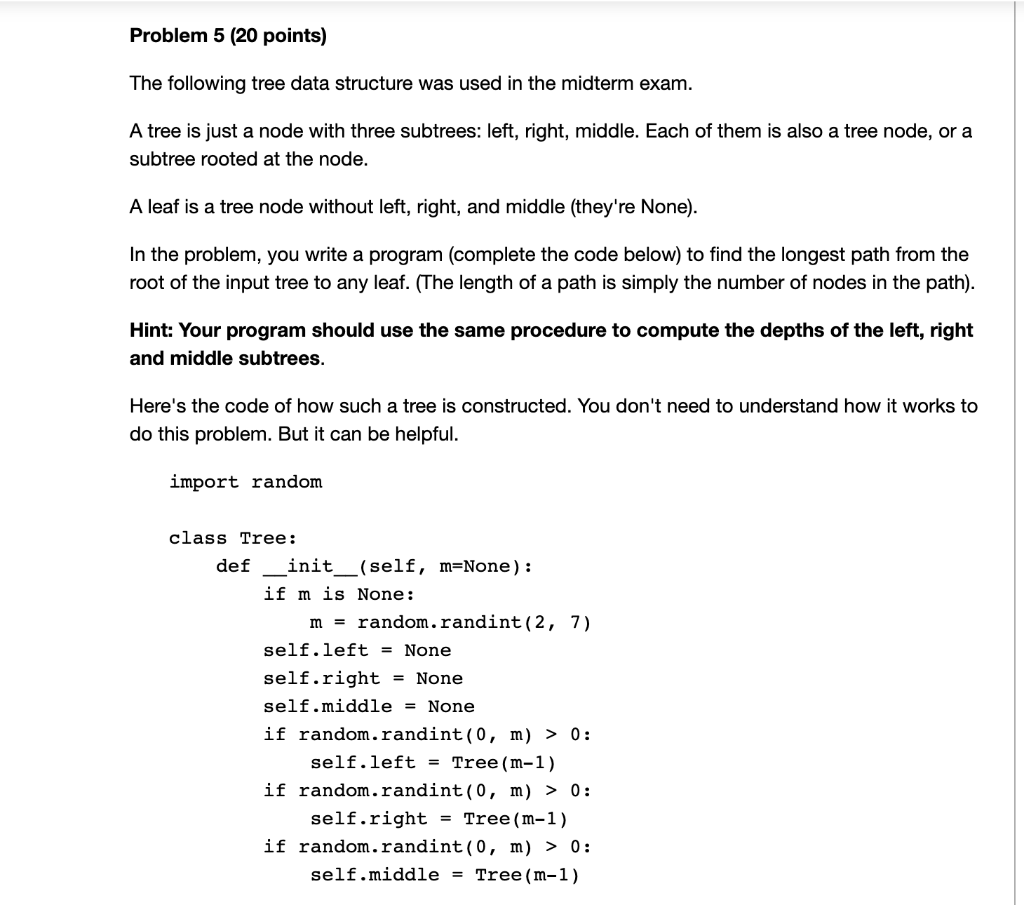 Solved Problem 5 ( 20 Points) The Following Tree Data | Chegg.com