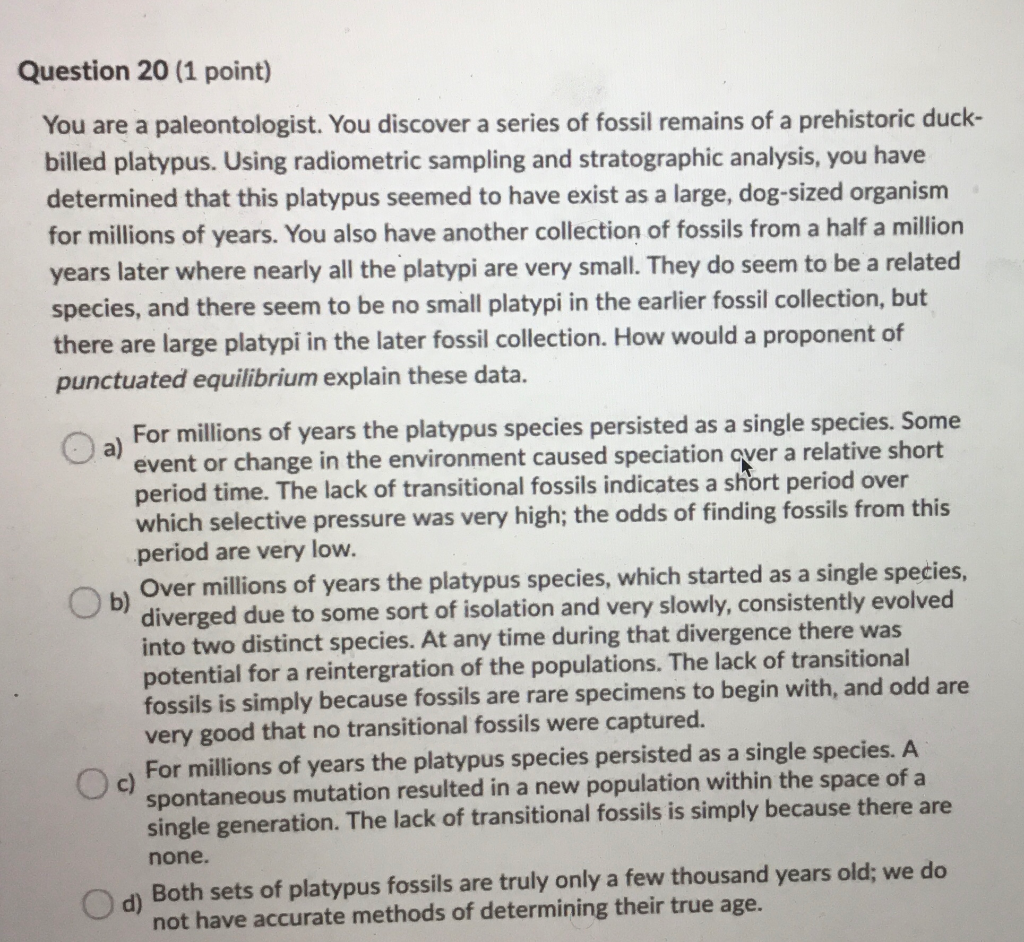 Solved Question 20 (1 point) You are a paleontologist. You