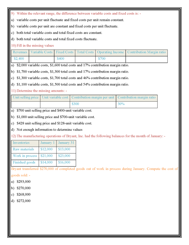 Solved 9) Within the relevant range, the difference between