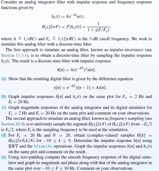 Consider An Analog Integrator Filter With Impulse Chegg Com