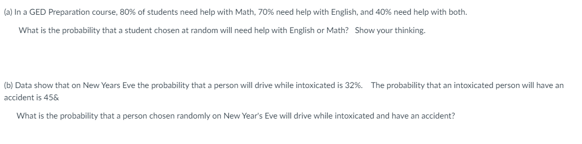 Ged Math Probability Questions Solved (a) In a GED Preparation course, 80% of students need | Chegg.com
