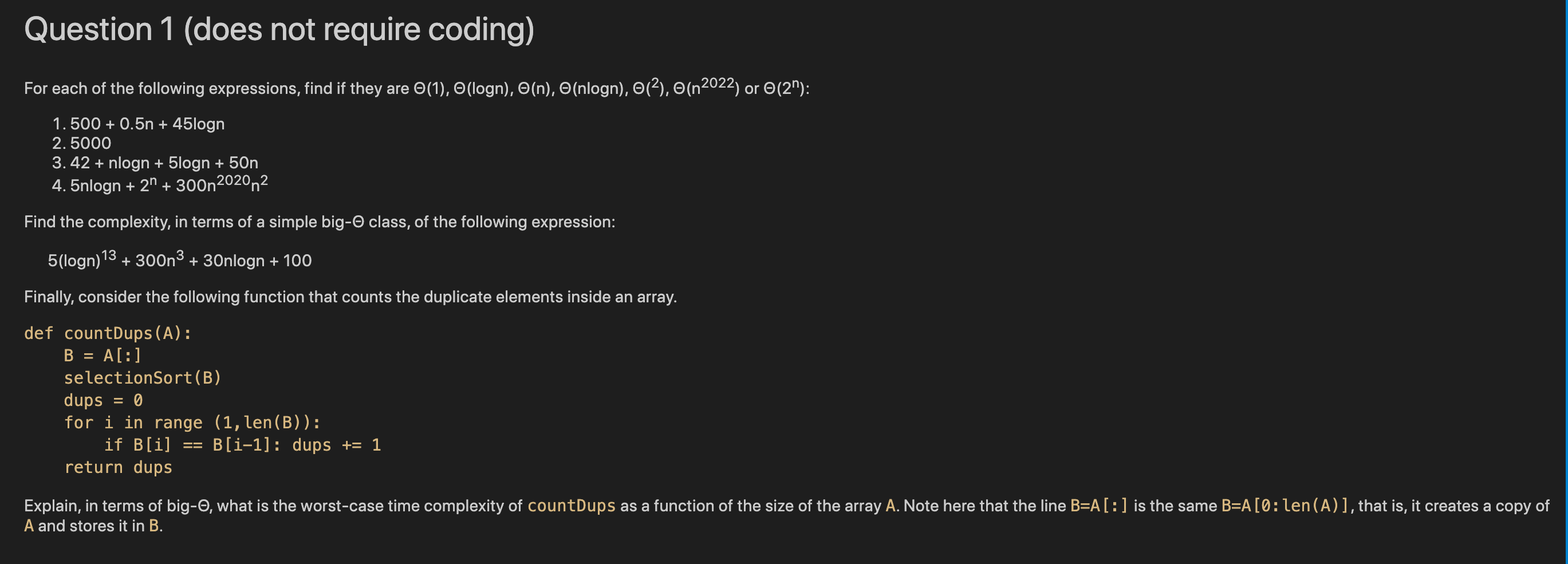Solved Question 1 (does not require coding) For each of the | Chegg.com