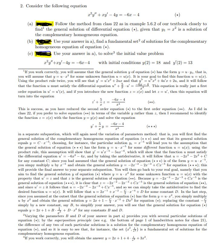 Solved 2. Consider the following equation ?Y" + xy - 4y = | Chegg.com