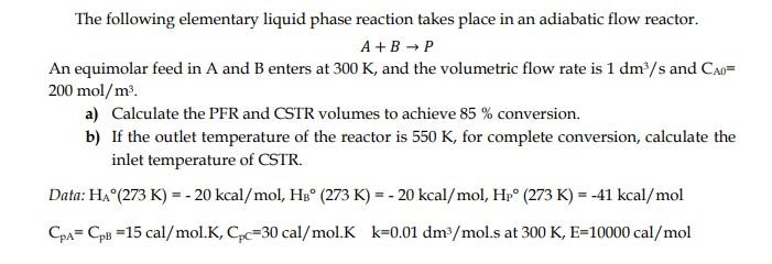 Solved The following elementary liquid phase reaction takes | Chegg.com