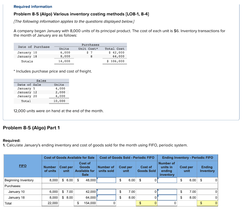 Solved Problem 8-5 (Algo) Various inventory costing methods | Chegg.com