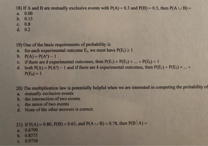Solved 18) If A and B are mutually exclusive events with | Chegg.com