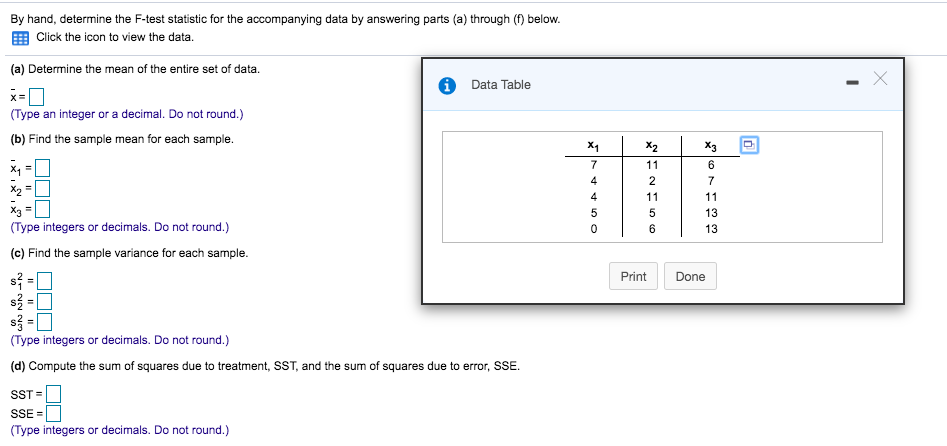 Solved By Hand Determine The F Test Statistic For The Chegg Com