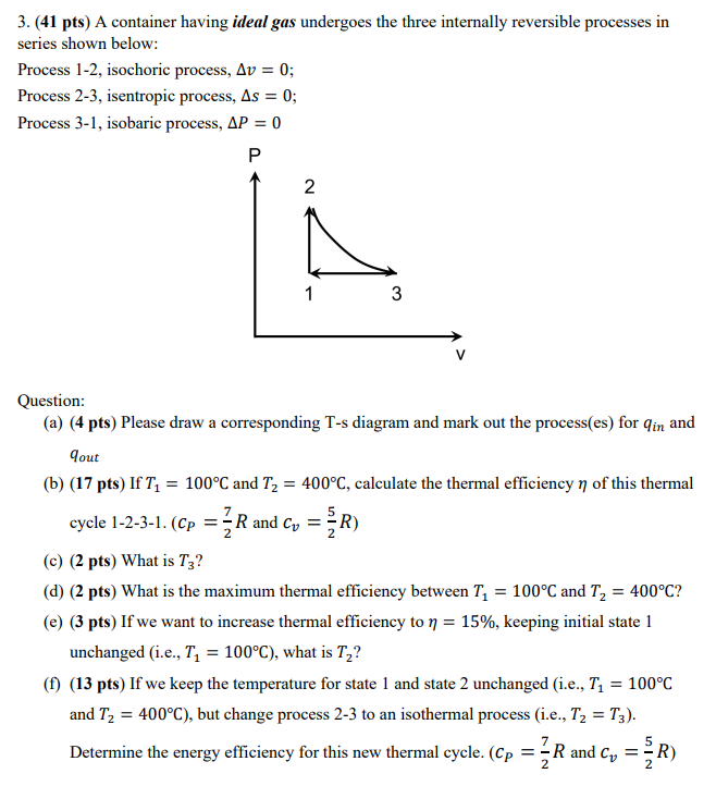 Solved 3. (41 pts) A container having ideal gas undergoes | Chegg.com