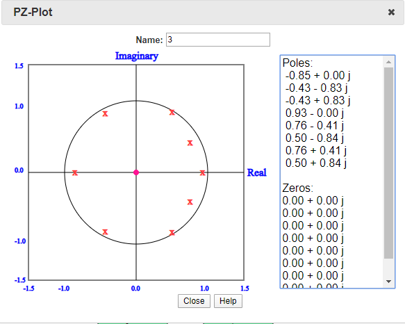 PZ-Plot x name: 3 imaginary 1.5 1.0 poles: -0.85 +0.00 j -0.43 -0.83 j -0.43 +0.83j 0.93 -0.00 j 0.76 -0.41j 0.50 - 0.84j 0.7