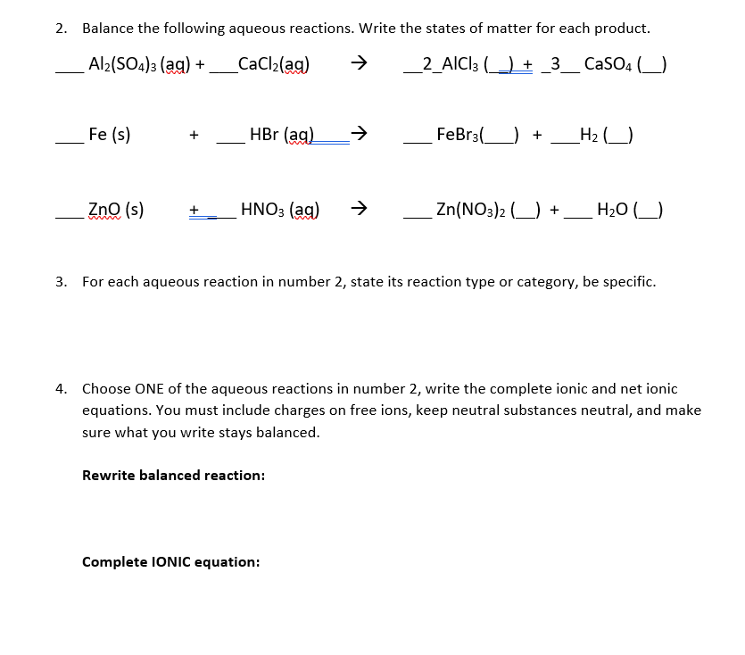 Solved Balance the following aqueous reactions. Write the | Chegg.com