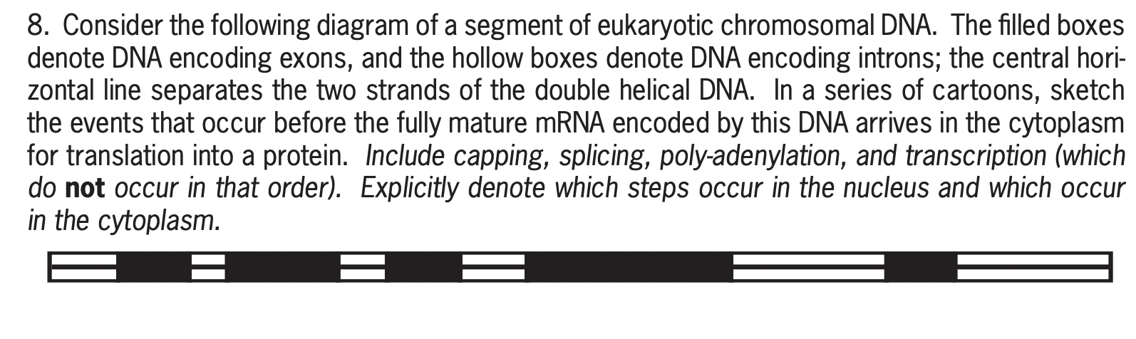 8. Consider the following diagram of a segment of eukaryotic chromosomal DNA. The filled boxes denote DNA encoding exons, and