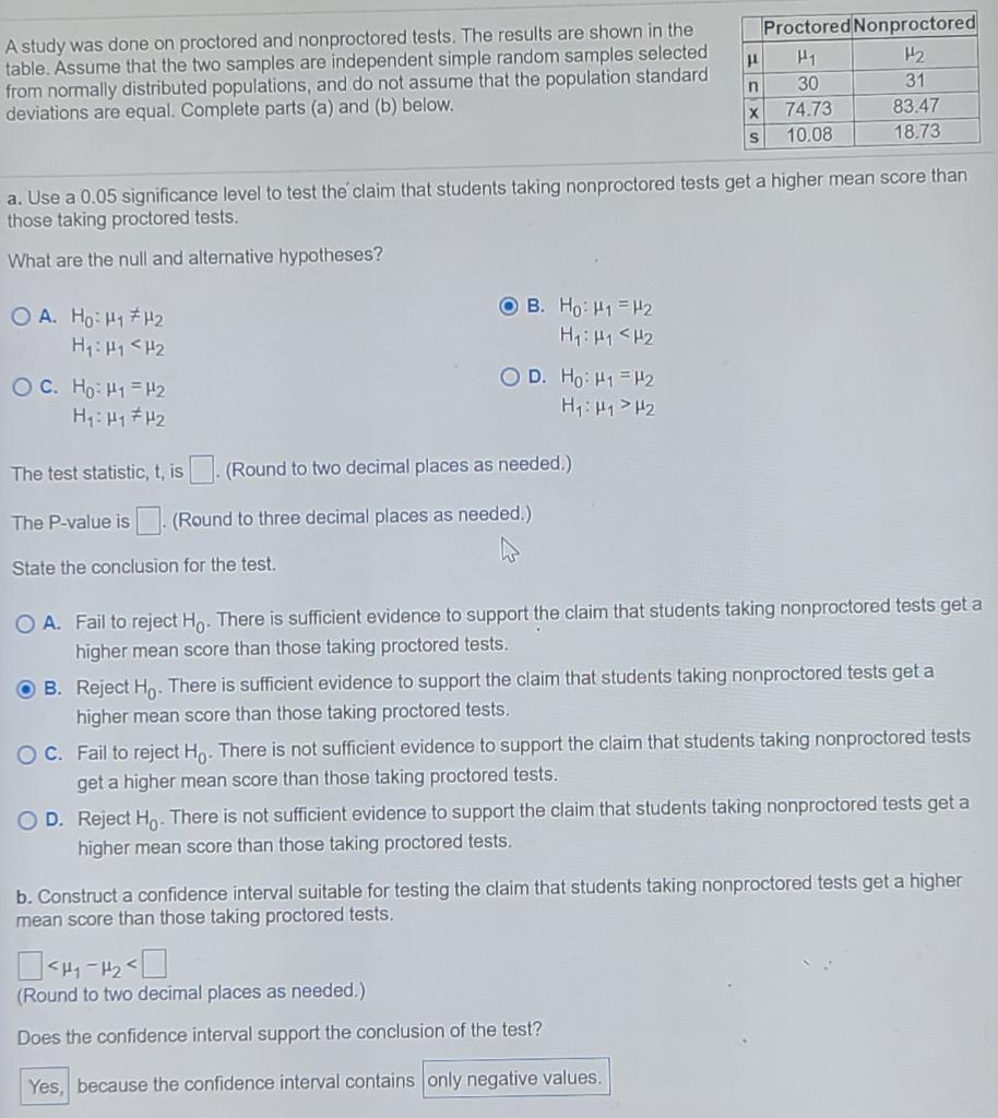 Solved A study was done on proctored and nonproctored tests. | Chegg.com
