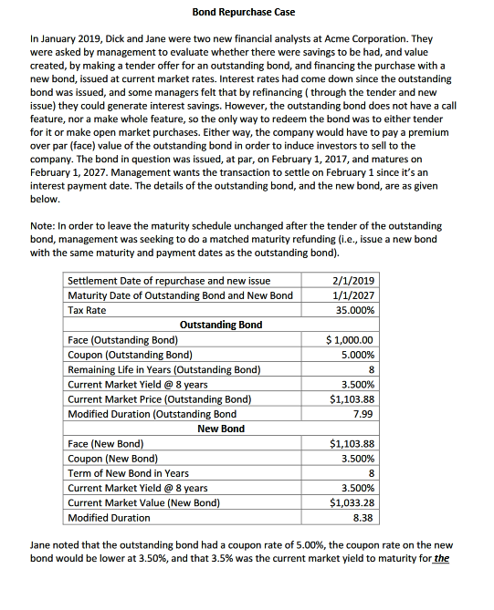 Bond Repurchase Case In January 2019, Dick and Jane | Chegg.com