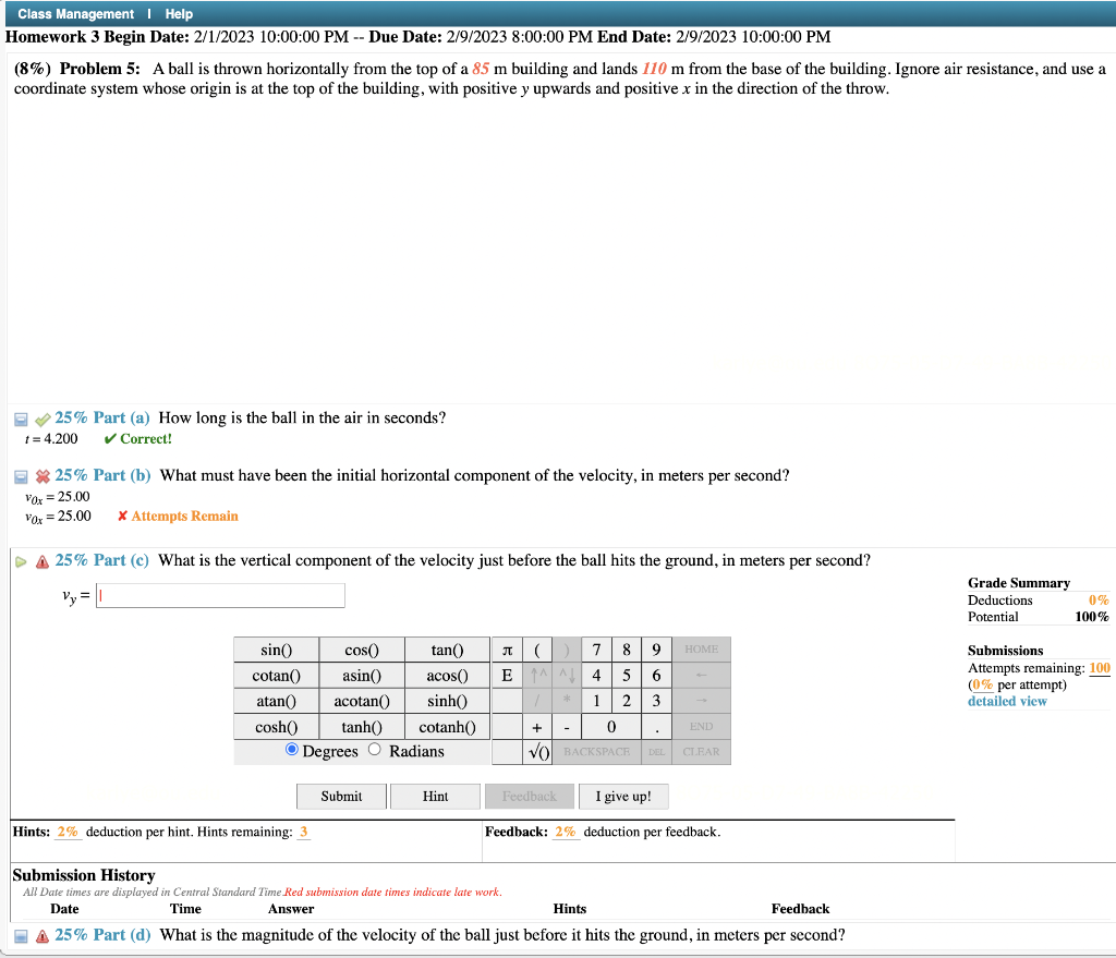 Solved (8\%) Problem 5: A Ball Is Thrown Horizontally From | Chegg.com