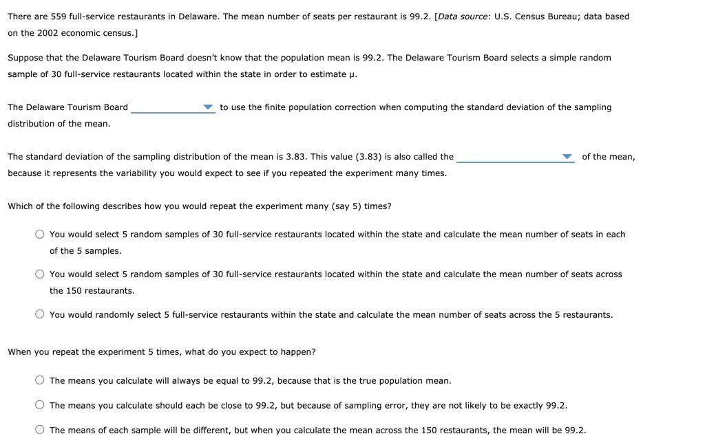 Solved There are 559 full-service restaurants in Delaware. | Chegg.com