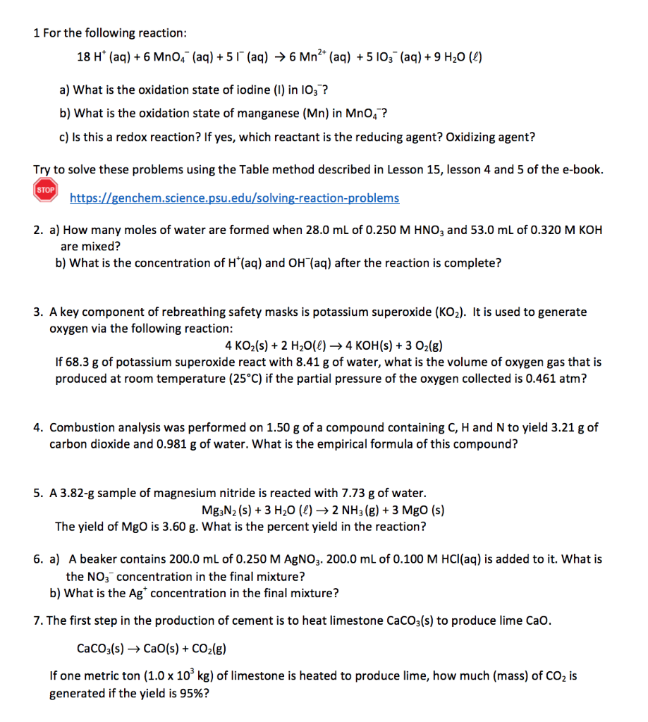 Solved 1 For the following reaction: 18 H+ (aq) + 6 | Chegg.com