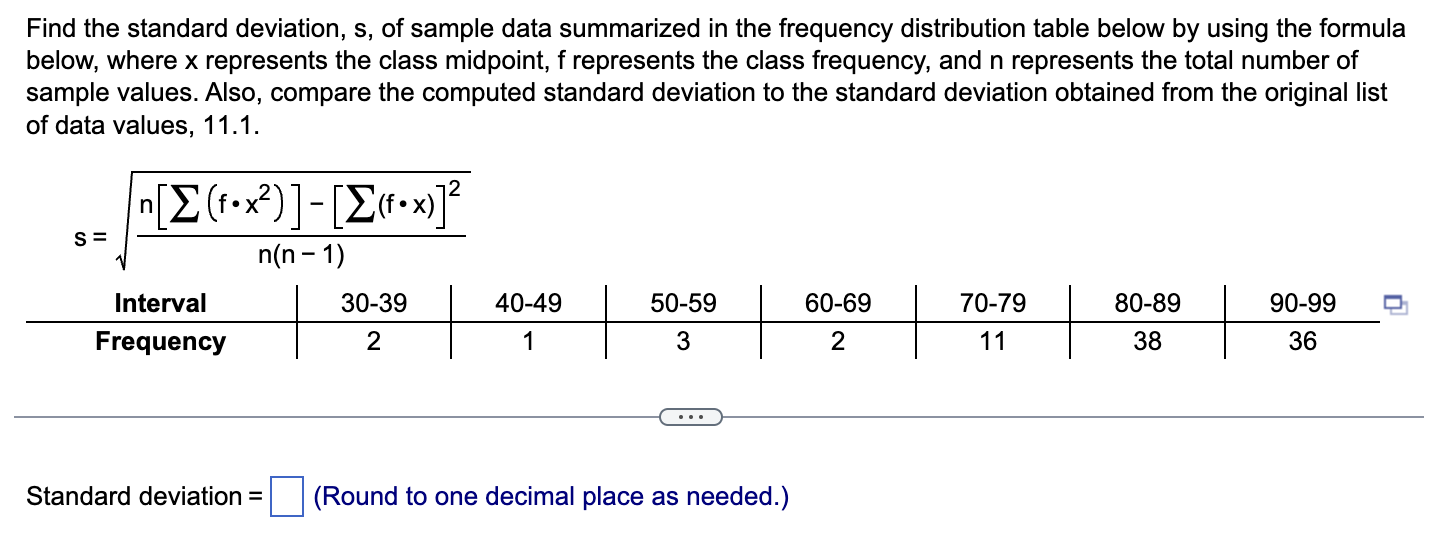 Solved Find the standard deviation, s, of sample data