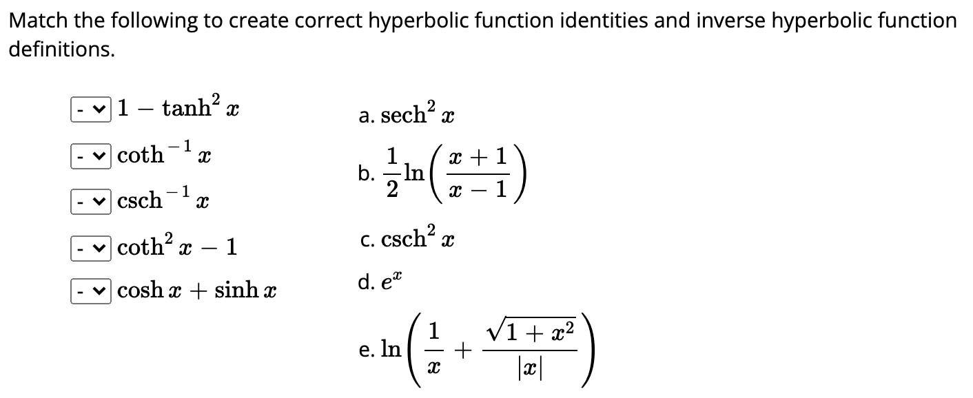 Solved Match the following to create correct hyperbolic | Chegg.com