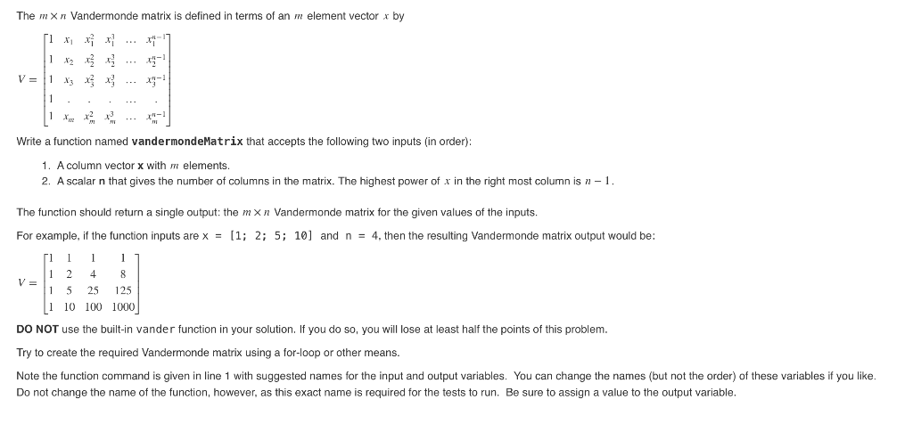 Solved The mxn Vandermonde matrix is defined in terms of an | Chegg.com