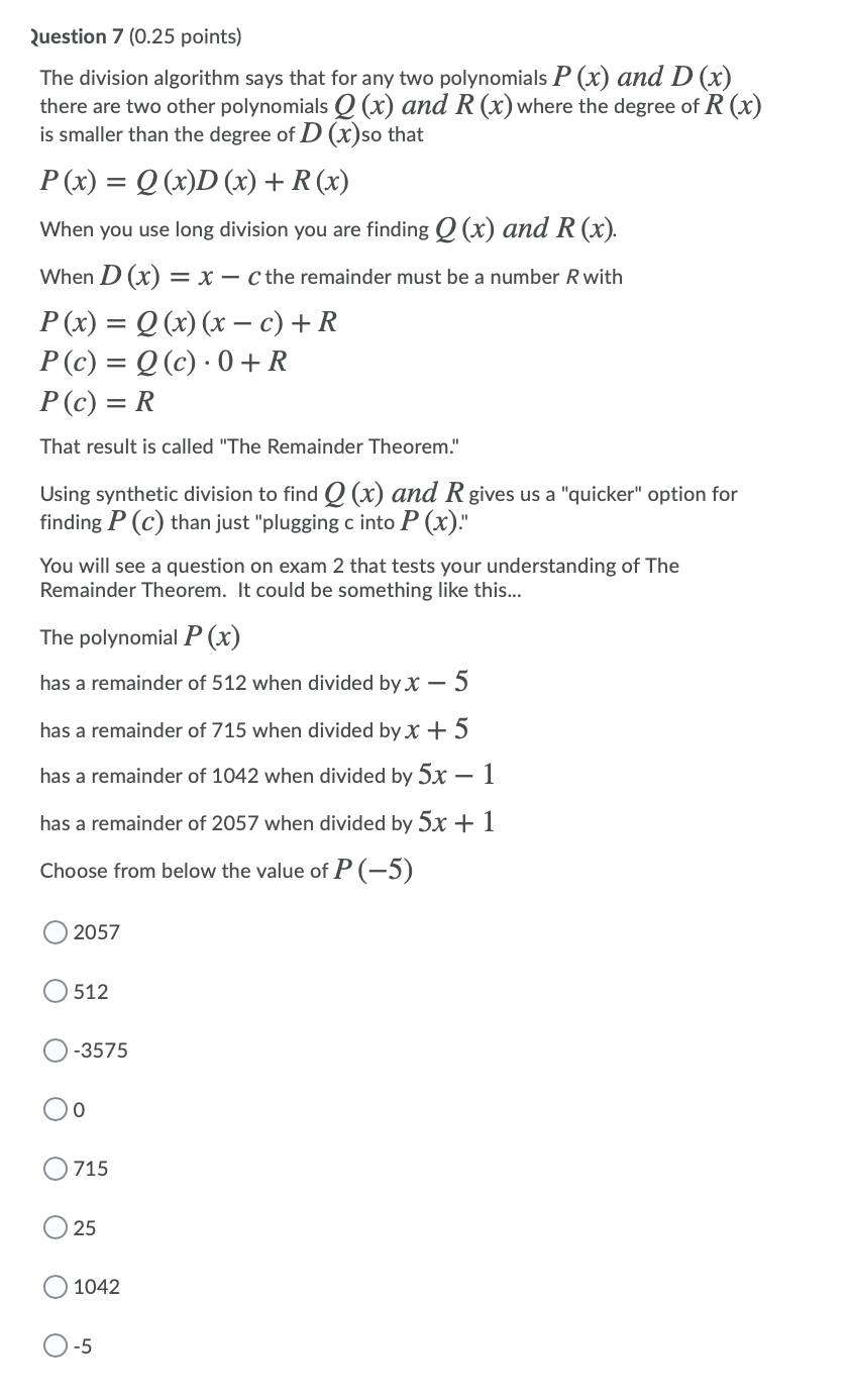 Solved - Question 7 (0.25 points) The division algorithm | Chegg.com