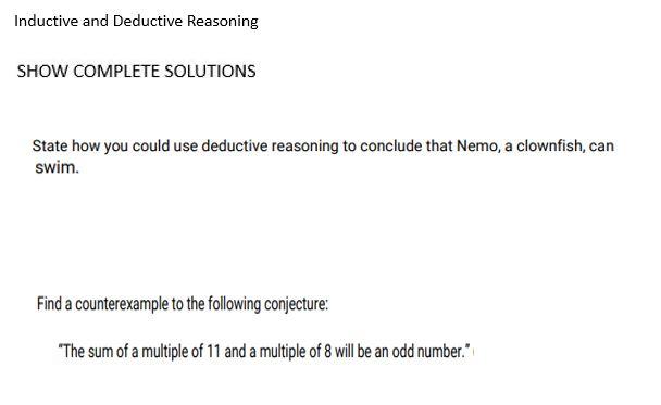 Solved Inductive And Deductive Reasoning SHOW COMPLETE | Chegg.com