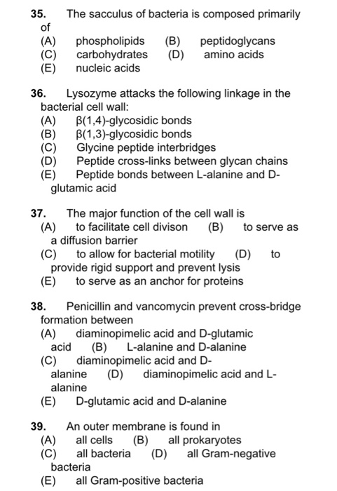 Solved 35. The sacculus of bacteria is composed primarily of | Chegg.com