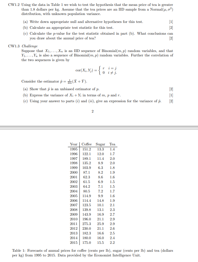 Solved CW1.2 ﻿Using the data in Table 1 ﻿we wish to test the | Chegg.com