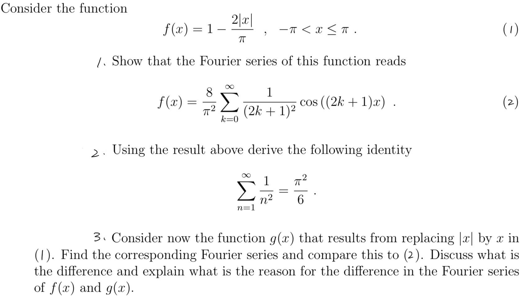 Consider the function f(x)=1−π2∣x∣,−π | Chegg.com