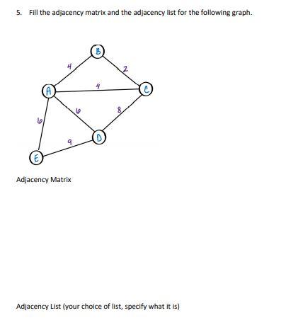 Solved 5. Fill the adjacency matrix and the adjacency list | Chegg.com
