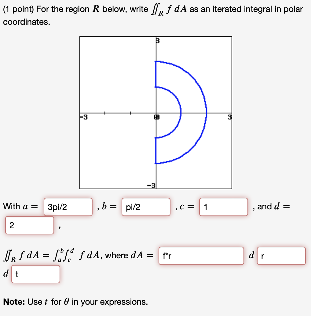 Solved (1 point) For the region R below, write ∬RfdA as an | Chegg.com