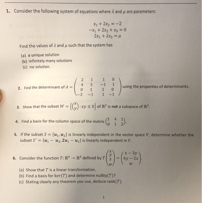 Solved 1. Consider the following system of equations where 2 | Chegg.com