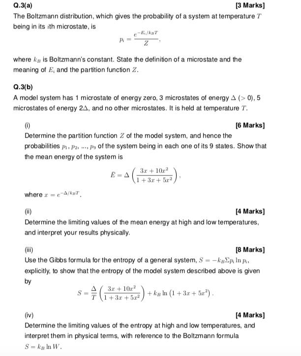 Solved Q.3(a) [3 Marks) The Boltzmann distribution, which | Chegg.com