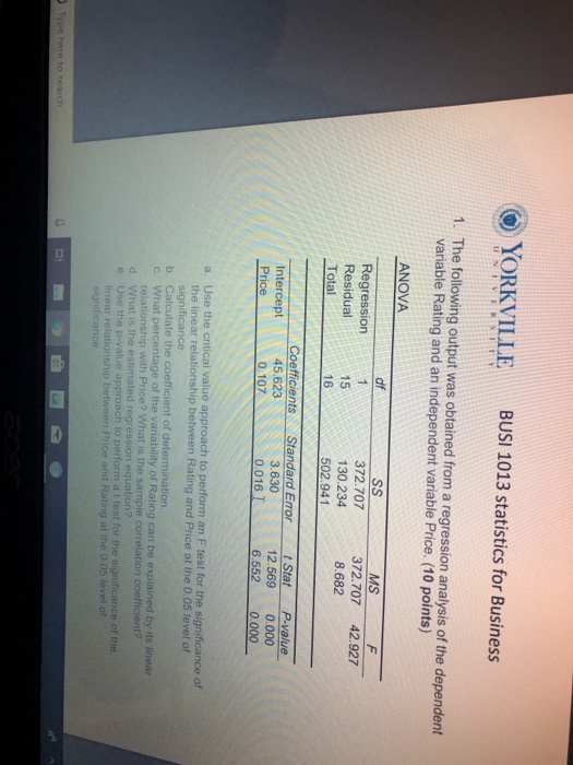 Solved YORKVILLE BUSI 1013 Statistics For Business UNIV Chegg