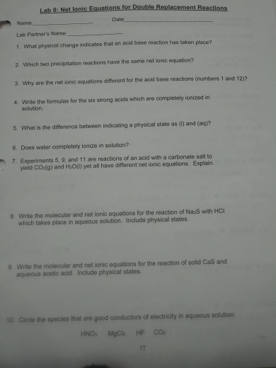 Lab 8: Not lonic Equations for Double Replacement | Chegg.com