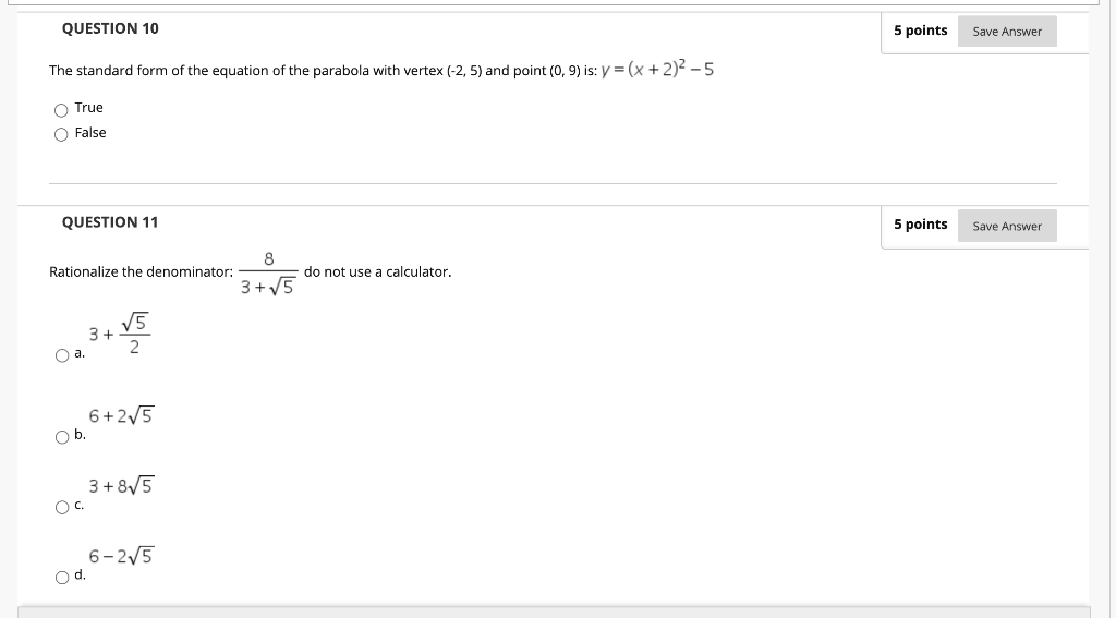 Solved QUESTION 10 5 points Save Answer The standard form of | Chegg.com