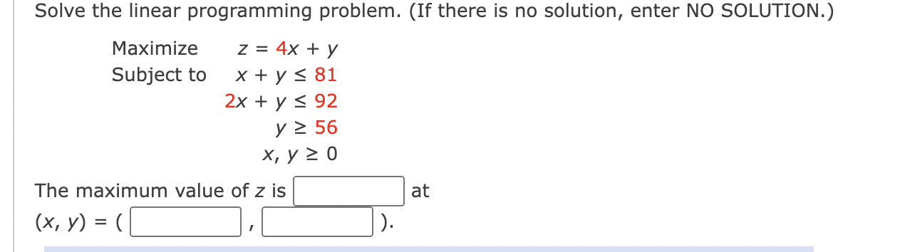 Solved Solve the linear programming problem. (If there is no | Chegg.com
