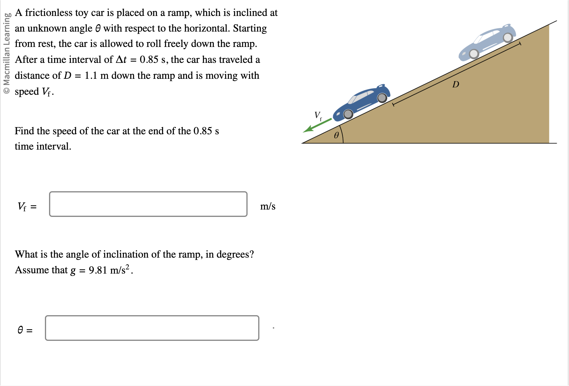 Solved A frictionless toy car is placed on a ramp, which is | Chegg.com