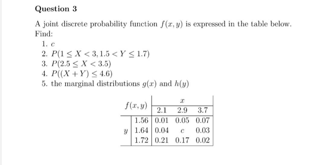 Solved Question 3 A joint discrete probability function | Chegg.com