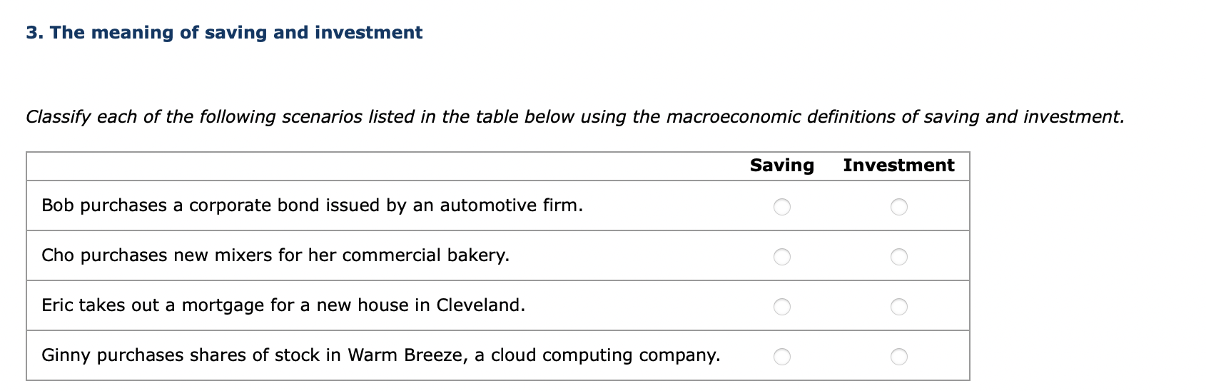 Solved 3. The meaning of saving and investment Classify each | Chegg.com