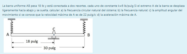 La barra uniforme \( \mathrm{AB} \) pesa \( 18 \mathrm{lb} \) y está conectada a dos resortes, cada uno de constante \( k=6 \