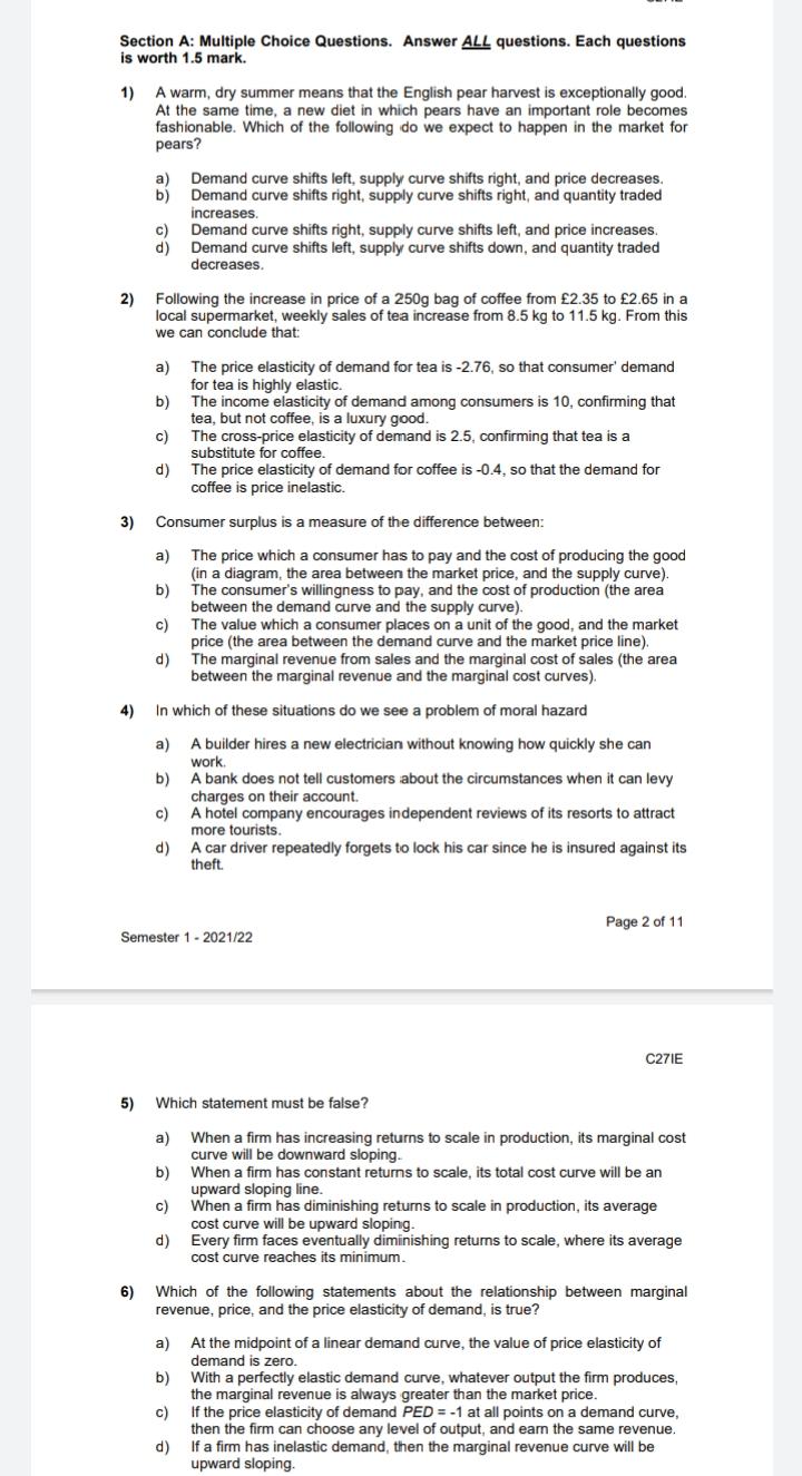 Solved Section A: Multiple Choice Questions. Answer ALL | Chegg.com