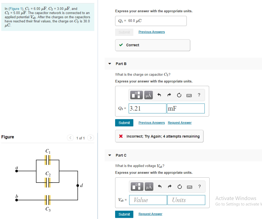 Solved In (Figure 1), C1C1 = 6.00 μF, C2C2 = 3.00 μF, and