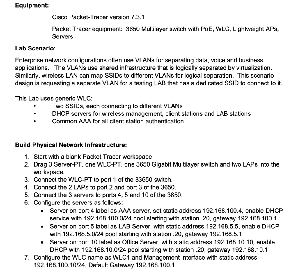 Equipment: Cisco Packet-Tracer version 7.3.1 Packet | Chegg.com